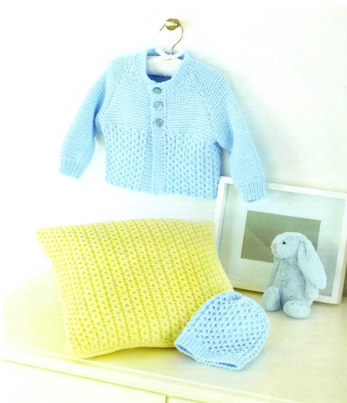 Knitting Patterns - UKHKA 200 - DK - Babies Cardigan, Hat & Cushion